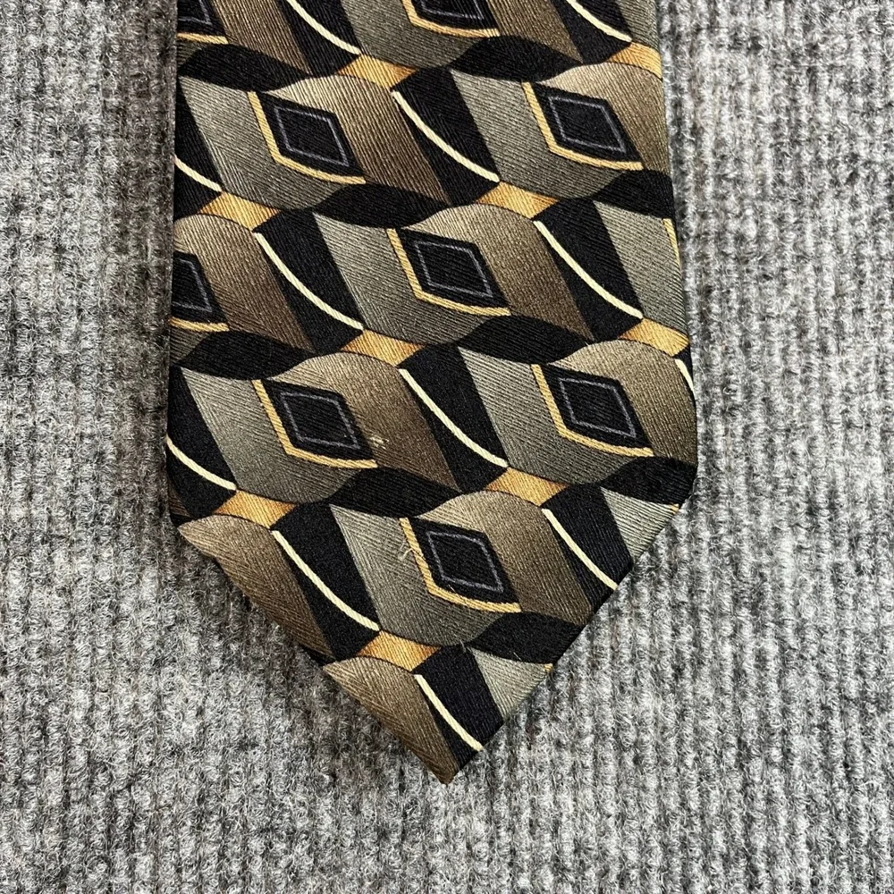 Carlos Devenezia Mens Silk Tie Geometric Diamond Olive Green Black Gold Handmade